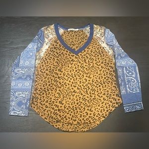 We The Free people Friday Night Mixed Long Sleeve V-neck Top Cheetah animal M